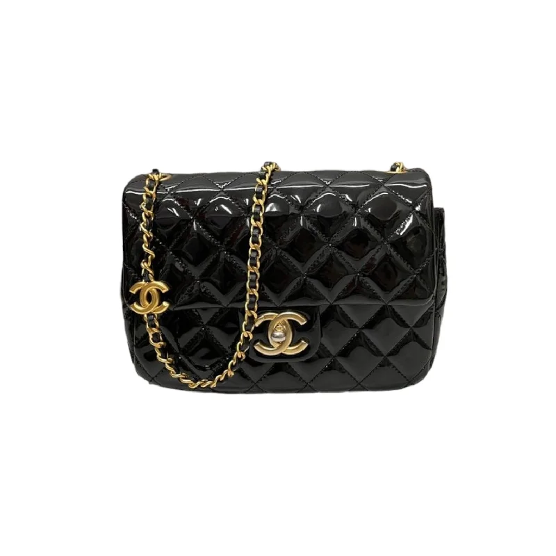 Chanel Handbag with Adjustable Strap for ComfortCoco Hearts Square Flap Small Patent Enamel Black GHW