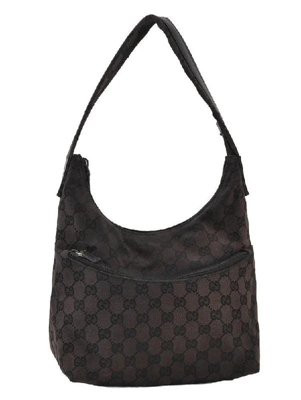 Women Gucci bags with a chain - link trim and a leather bodyAuthentic GUCCI Shoulder Hand Bag Purse GG Canvas Leather 0013386 Black 5307I