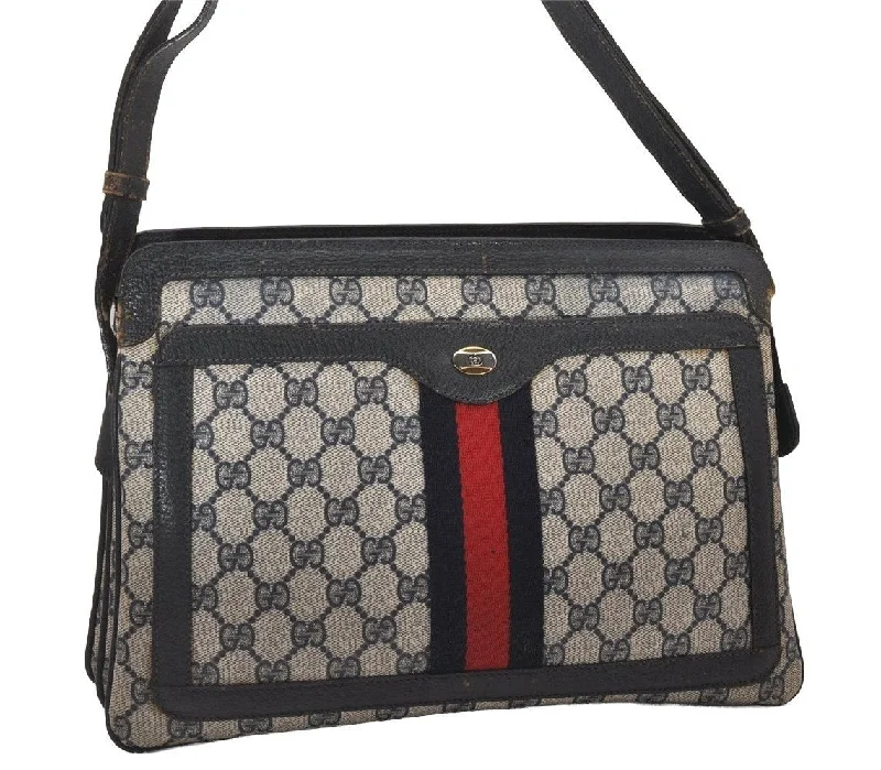 Women Gucci bags with a detachable mirror insideAuthentic GUCCI Sherry Line Shoulder Cross Bag GG PVC Leather Navy Blue 5336I