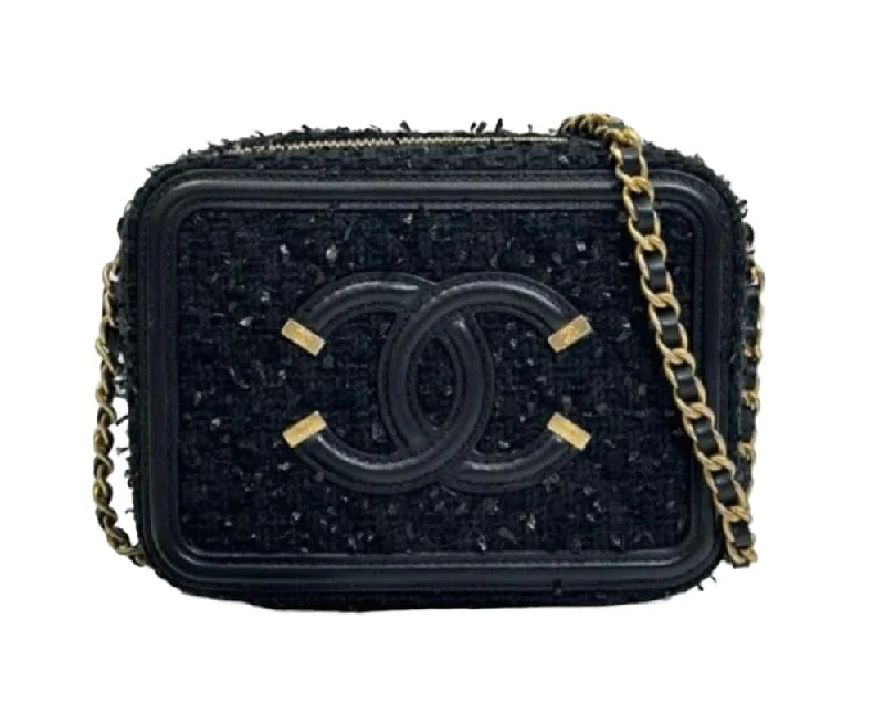 Chanel Handbag with Adjustable Strap for ComfortCHANEL BLACK TWEED FILIGREE CAMERA BAG 072418A02