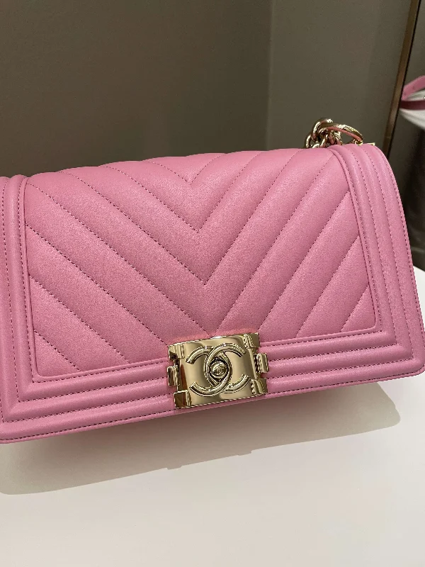 Chanel All - Match Handbag for Versatile StylingChanel Chevron Boy Old Medium Pink Calfskin