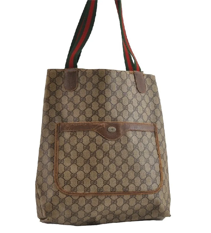 Women Gucci backpacks with a luxurious leather finishAuthentic GUCCI Web Sherry Line Tote Bag GG PVC Leather Brown Junk 8976I