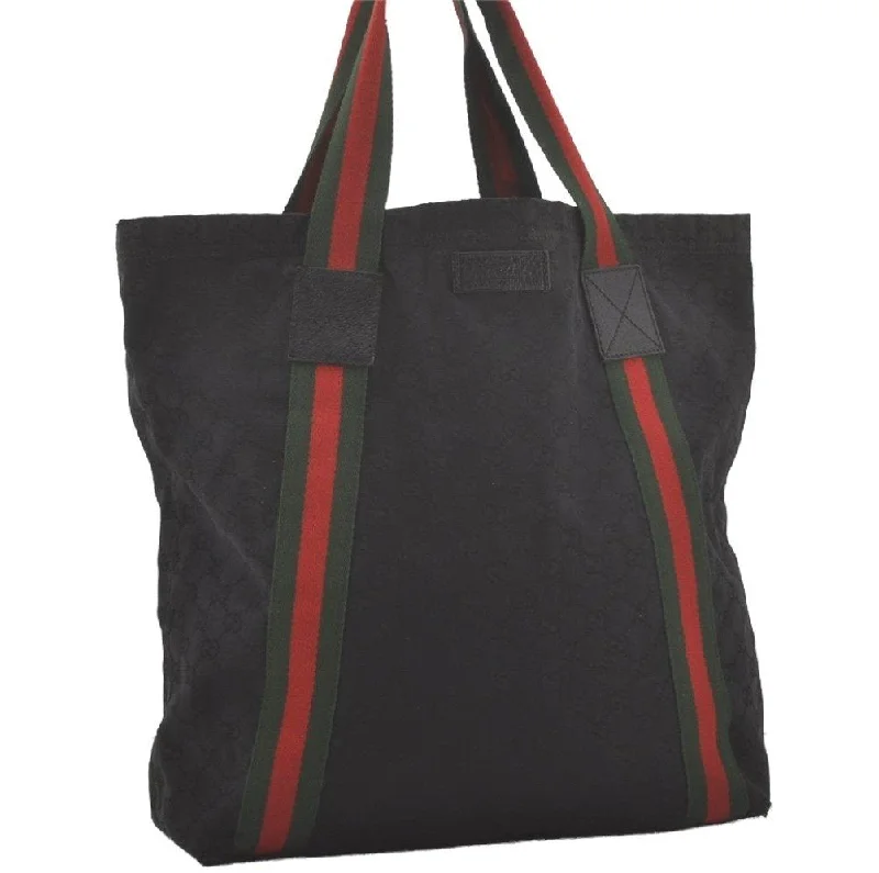 Small - sized Women Gucci shoulder bags for evening outingsAuthentic GUCCI Web Sherry Line Tote Bag GG Canvas Leather 189669 Black 8978I