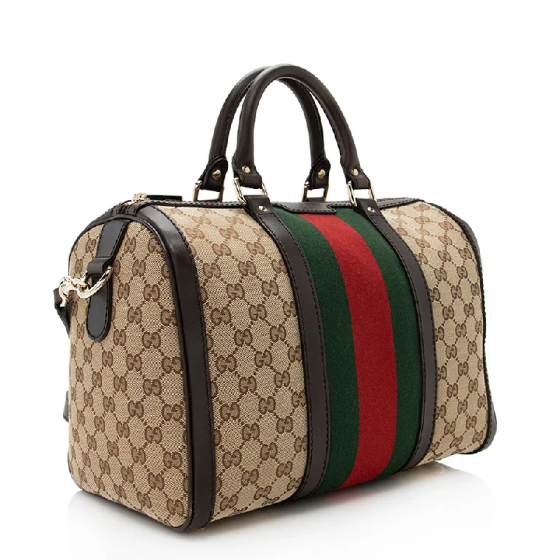 Gucci tote bags for women with a water - resistant coatingGucci GG Canvas Vintage Web Medium Boston Bag (SHF-19337)