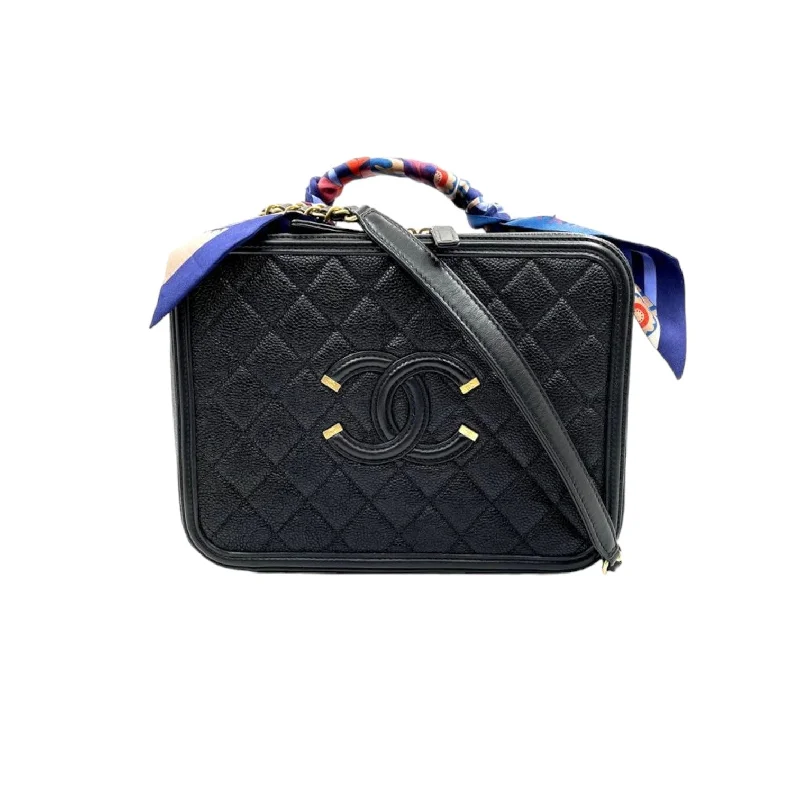 Chanel All - Match Handbag for Versatile StylingCC Filigree Vanity Case Medium With Hermes Twilly Caviar Black GHW