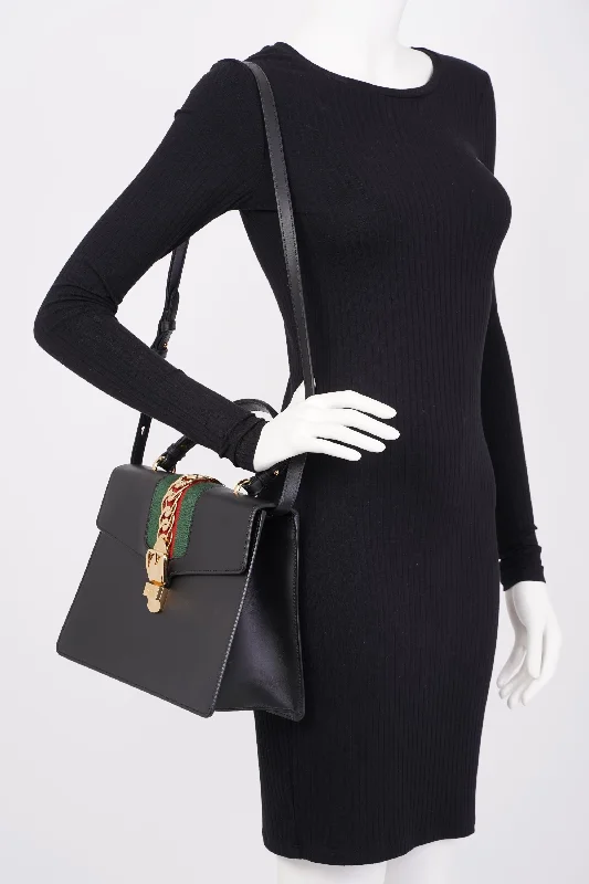 Medium - sized Women Gucci handbags for everyday useGucci Sylvie Satchel Black / Gucci Stripe Calfskin Leather Medium