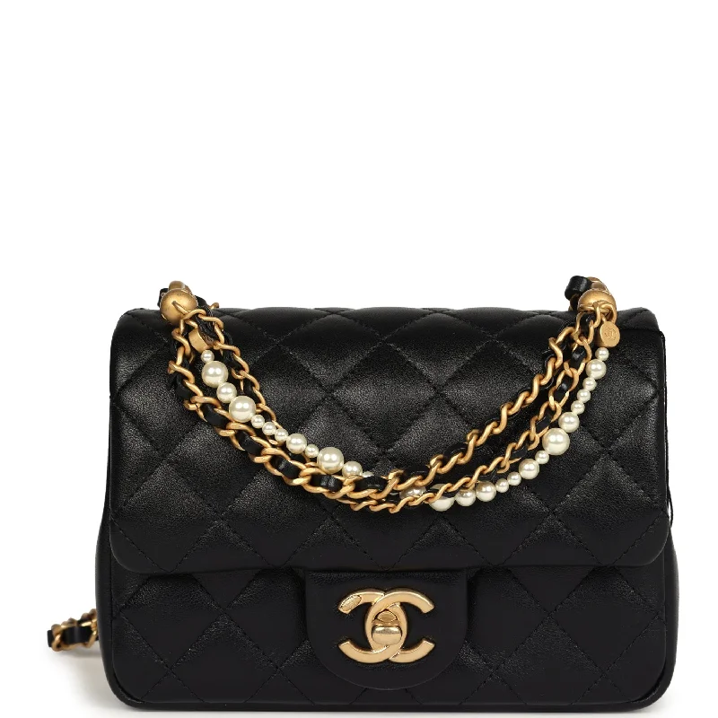 Chanel Small Crossbody Bag for TravelChanel Mini Square Pearl Crush Flap Bag Black Lambskin Brushed Gold Hardware