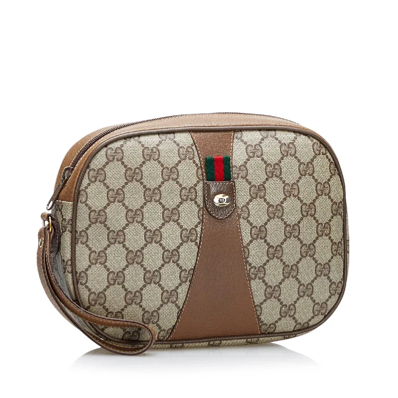 Women Gucci Sylvie bags featuring the signature web stripeGucci GG Supreme Web Clutch Bag (36572)