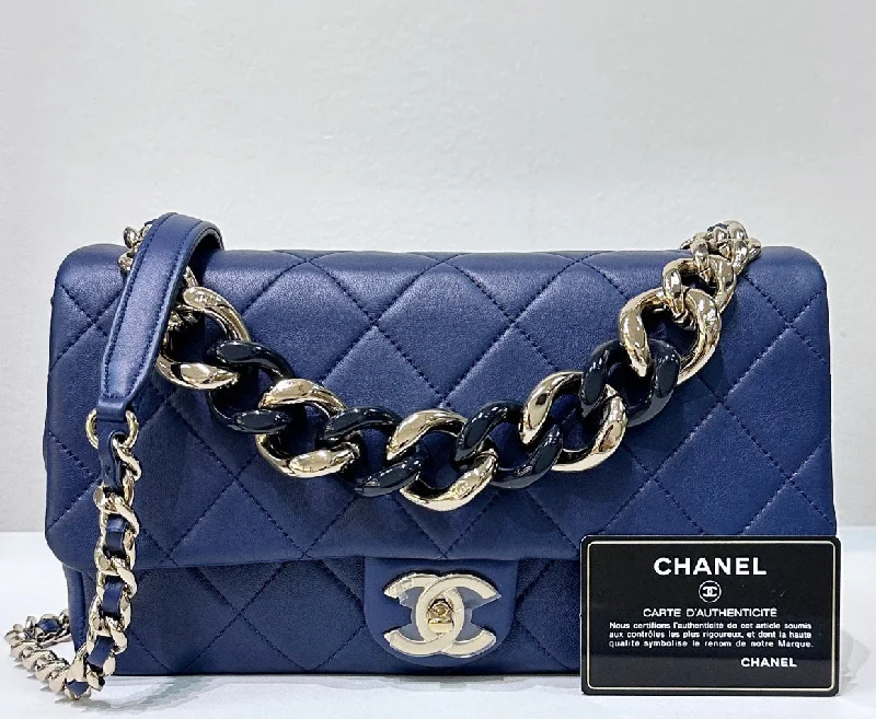 Chanel Black Handbag for Business MeetingsCHANEL Medium Calfskin Quilted Resin Bi-Color Chain Flap Bag Navy