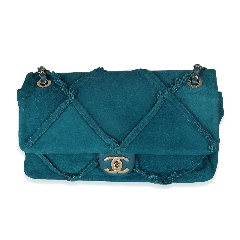 Chanel Handbag with Adjustable Strap for ComfortChanel Teal Suede Goatskin Diamond Fringe Medium Flap Bag