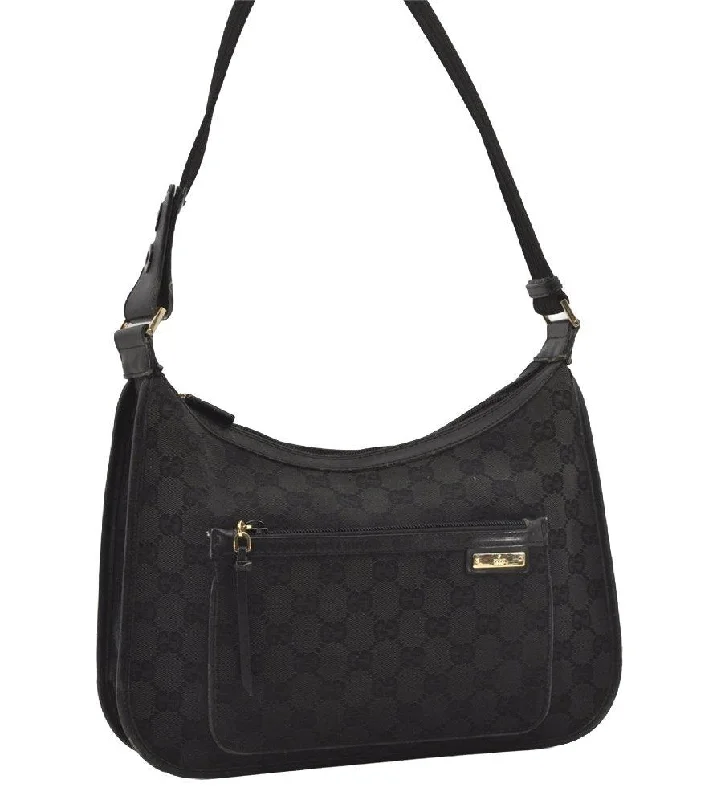 Women Gucci bags with a front - flap pocket for quick - access itemsAuthentic GUCCI Vintage Shoulder Bag Purse GG Canvas Leather 0014198 Black 5324I