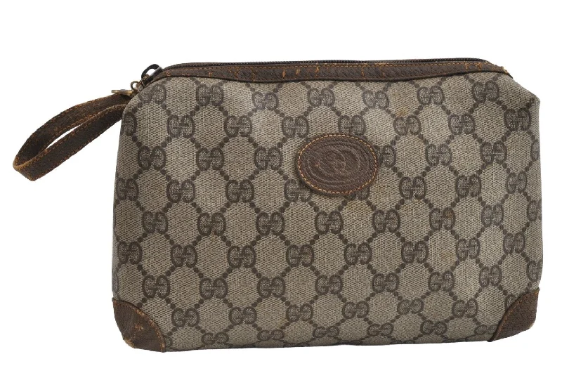 Women Gucci crossbody bags with a printed floral patternAuthentic GUCCI Vintage Clutch Hand Bag Purse GG PVC Leather Brown 8658I