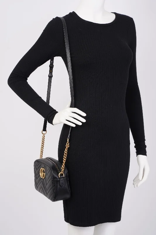 Women Gucci Sylvie bags with a leather - wrapped handleGucci GG Marmont Zip Black Matelasse Leather Small