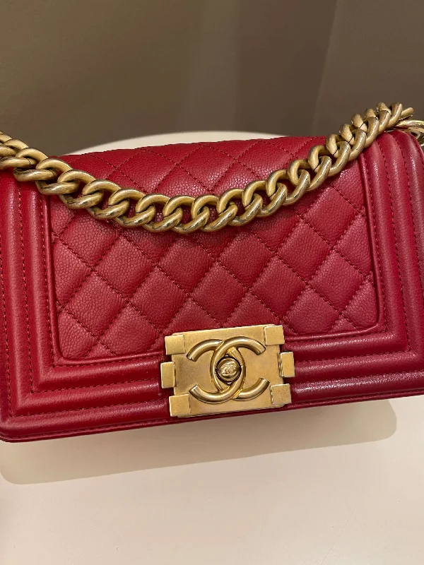 Chanel Chain Strap Handbag for Everyday UseChanel Quilted Small Boy Red Caviar