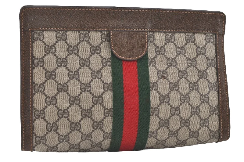 Women Gucci Sylvie bags with a monogram - embossed leatherAuthentic GUCCI Web Sherry Line Clutch Hand Bag GG PVC Leather Brown Junk 5363I