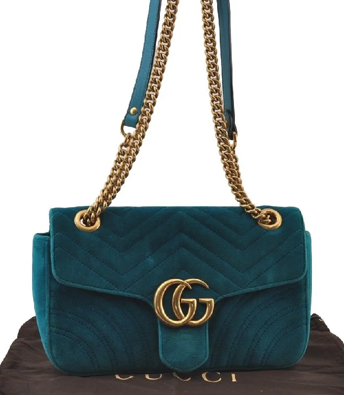 Women Gucci bags with a front - flap pocket for quick - access itemsAuthentic GUCCI GG Marmont Chain Shoulder Cross Bag Velour 443497 Blue 9121I