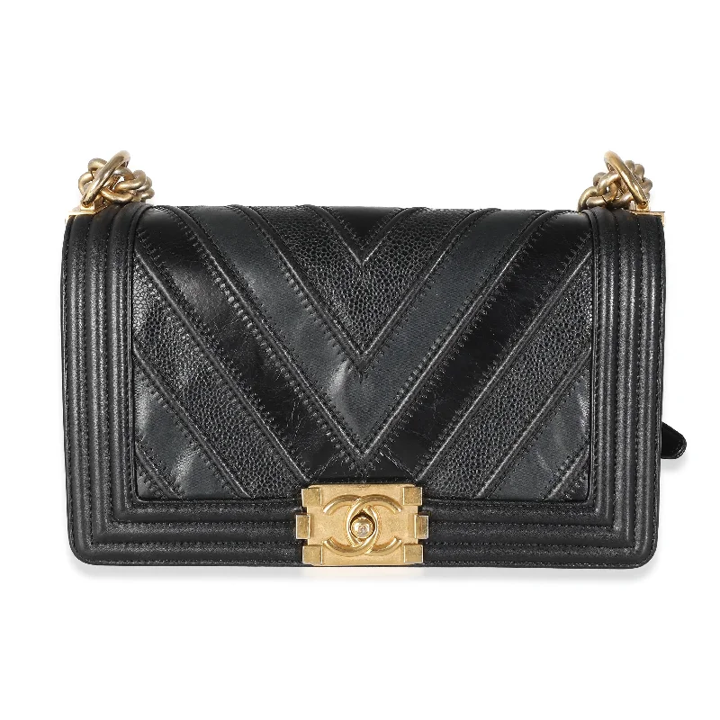 Chanel Limited Edition Handbag for CollectorsChanel Black Calfskin Caviar In The Mix Chevron Old Medium Boy Bag