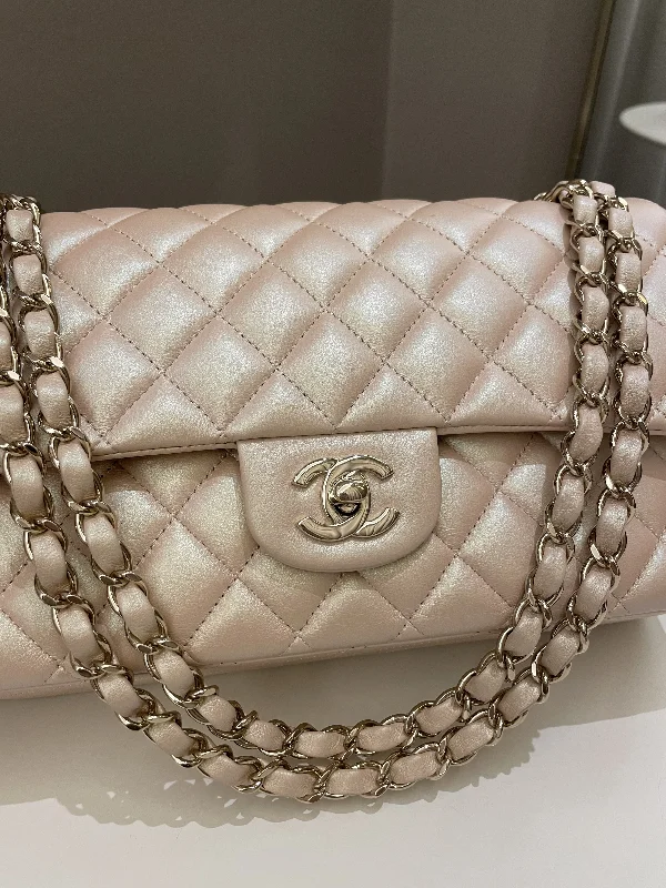 Chanel Quilted Leather Shoulder Bag for FashionistasChanel 21S Classic Quilted Medium Double Flap Iridescent Pearl Beige Calfskin