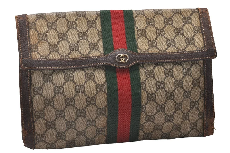 Women Gucci Sylvie bags with a leather - wrapped handleAuthentic GUCCI Web Sherry Line Clutch Hand Bag GG PVC Leather Brown Junk 4765I