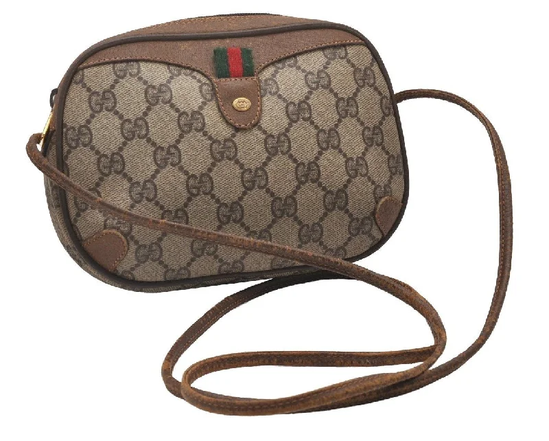 Women Gucci bags with a magnetic snap closure for easy accessAuthentic GUCCI Web Sherry Line Shoulder Bag GG PVC Leather Brown Junk 5300I