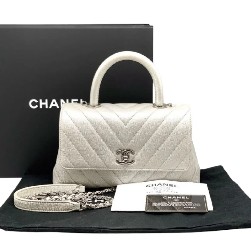 Chanel Designer Handbag with Unique DesignCoco Handle Flap Mini Caviar Chevron Quilted White SHW