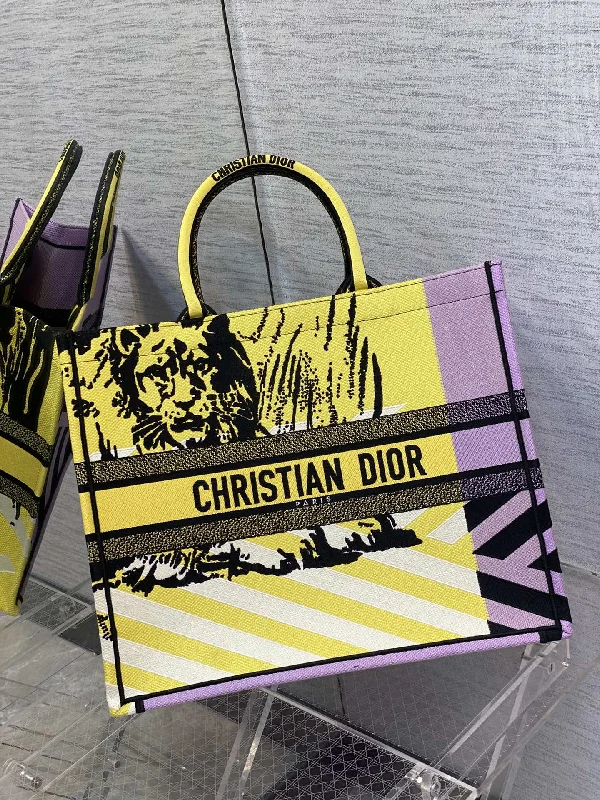 Luxury Christian Dior crossbody bags with a chain - link strapChristian Dior Large Book Tote Bright Yellow and Pink D-Jungle Pop Embroidery, Yellow/Pink,