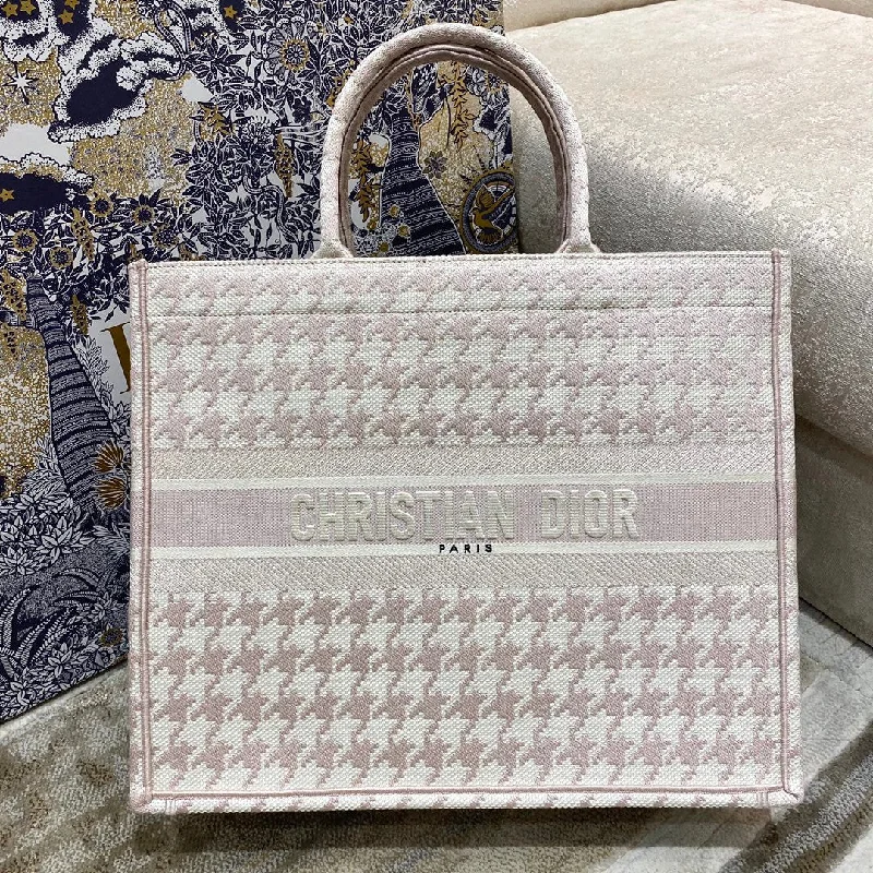 Christian Dior bags with a detachable coin purse insideChristian Dior Large Book Tote Pale Pink Houndstooth Embroidery, Pink,