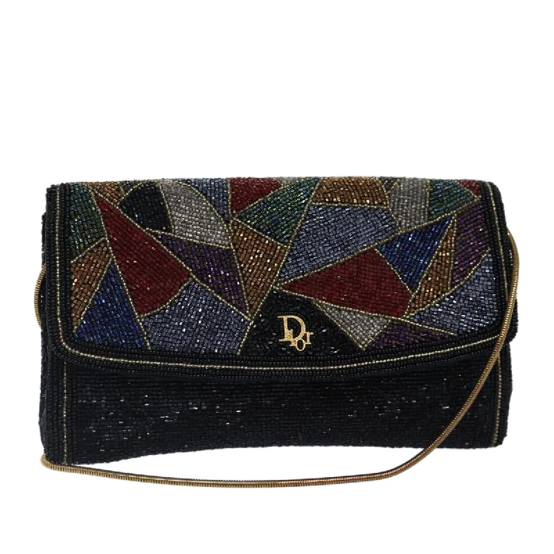 Christian Dior tote bags with a printed Dior logo on the frontCHRISTIAN DIOR Shoulder Bag beads Black Multicolor Auth 87649S