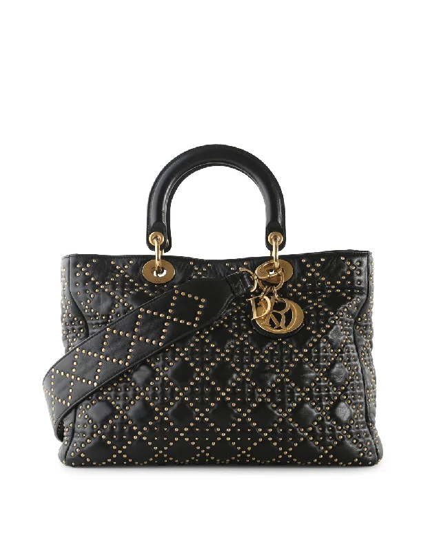 Christian Dior bags with a quilted pattern and gold - toned hardwareCHRISTIAN DIOR Supple Black Cannage Studded Leather Lady Dior Large Bag With Long Strap