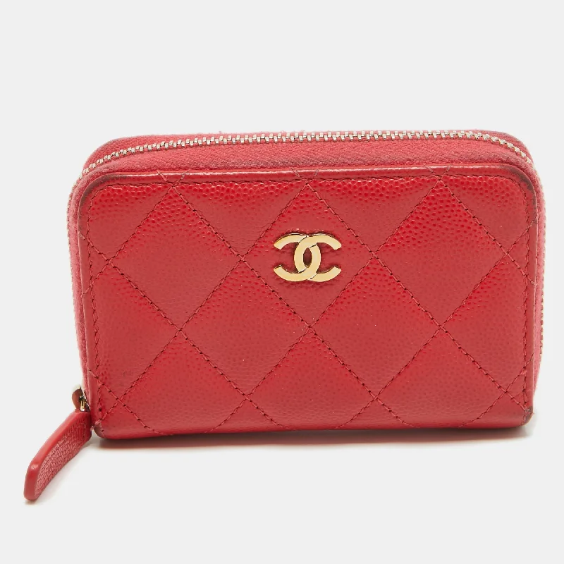 Chanel Handbag with Adjustable Strap for ComfortCHANEL Red Quilted Caviar Leather Zip Around Coin Purse